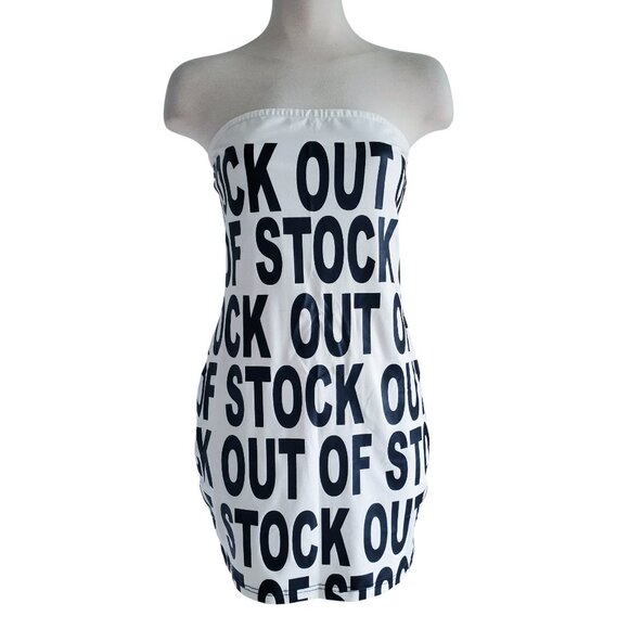 Out Of Stock Bandeau Slogan Print Mini Dress Strapless Bodycon Party Club Sz M - Picture 4 of 16